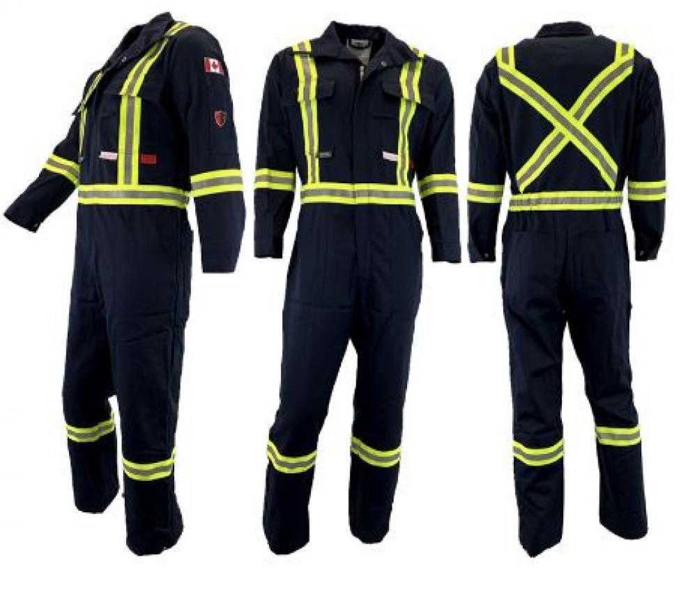 Coverall 8oz Flame Resistant Black with Reflective Stripes 32R