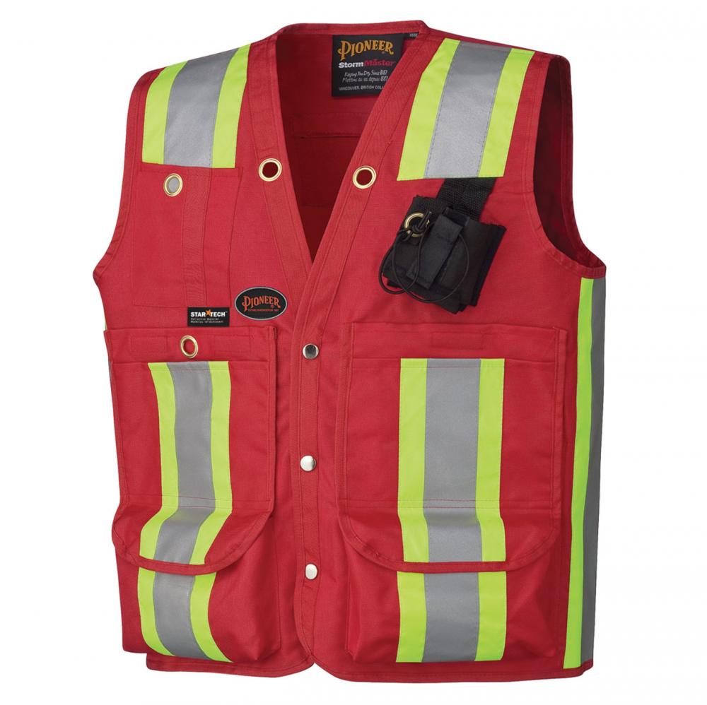 Surveyor Vest Red Polyester, 4&#34; Reflective Stripes, 12 Pocket; Sz: 2XL